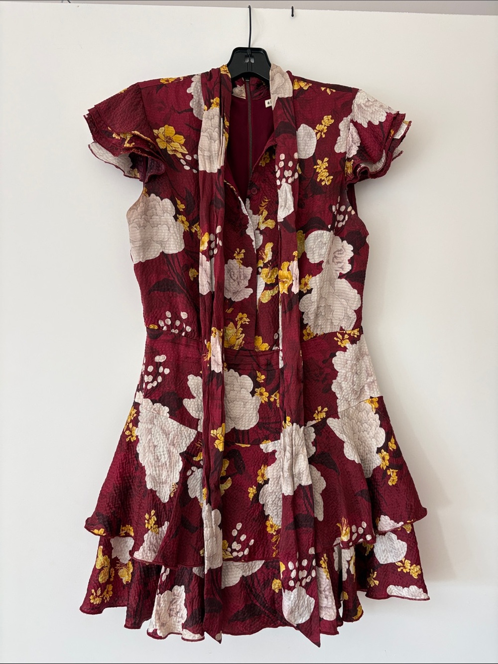Alice + Olivia Burgundy Floral Mini Dress with Scarf Detail